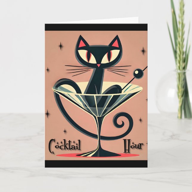 Atomfuturistic Space Age Black Cat Martini Karte (Vorderseite)