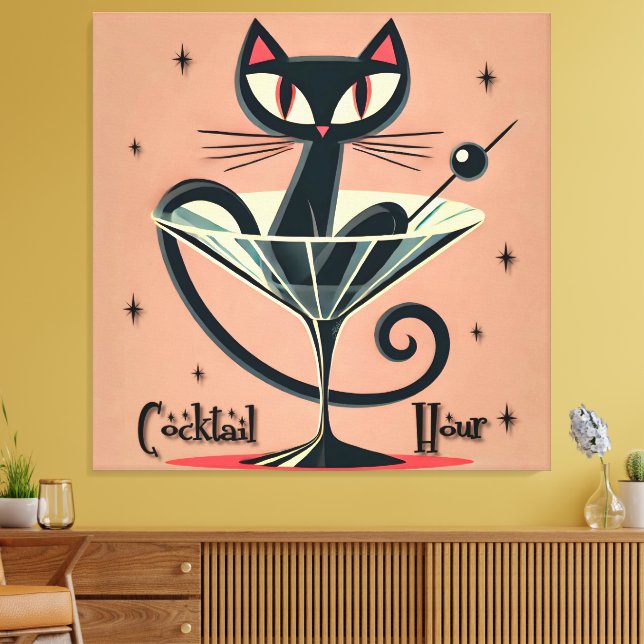 Atomfuturistic Space Age Black Cat Martini Leinwanddruck (Insitu (Wohnzimmer))