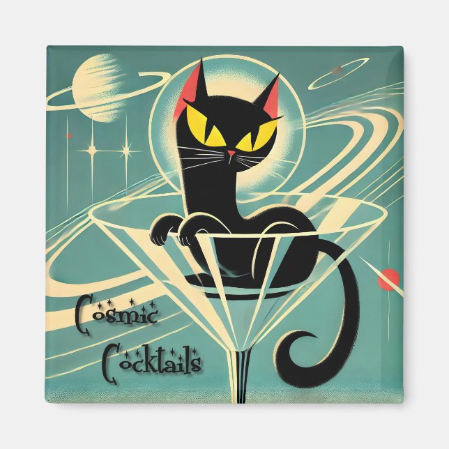 Atomfuturistic Space Age Black Cat Martini Magnet (Vorne)