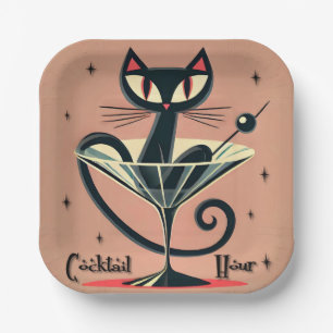 Atomfuturistic Space Age Black Cat Martini Pappteller