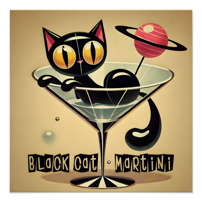 Atomfuturistic Space Age Black Cat Martini Poster (Vorderseite)