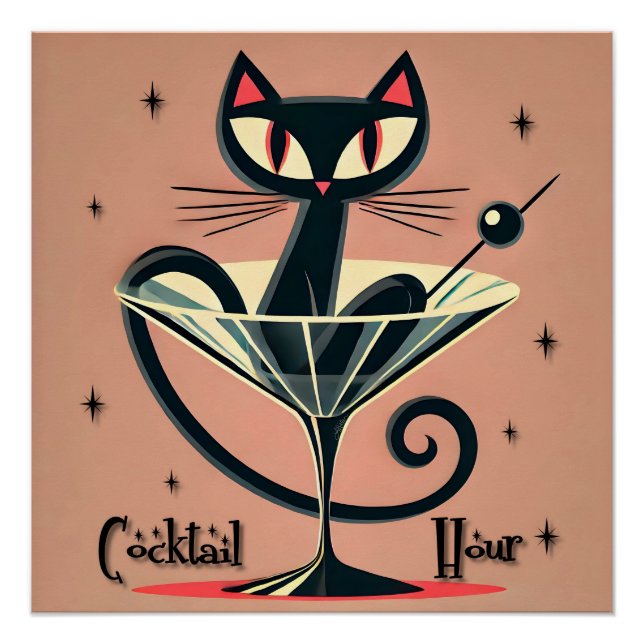 Atomfuturistic Space Age Black Cat Martini Poster (Vorderseite)