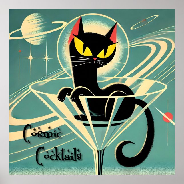 Atomfuturistic Space Age Black Cat Martini Poster (Vorne)