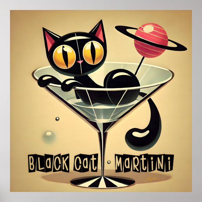 Atomfuturistic Space Age Black Cat Martini Poster (Vorne)