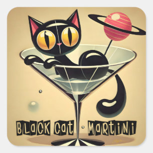 Atomfuturistic Space Age Black Cat Martini Quadratischer Aufkleber