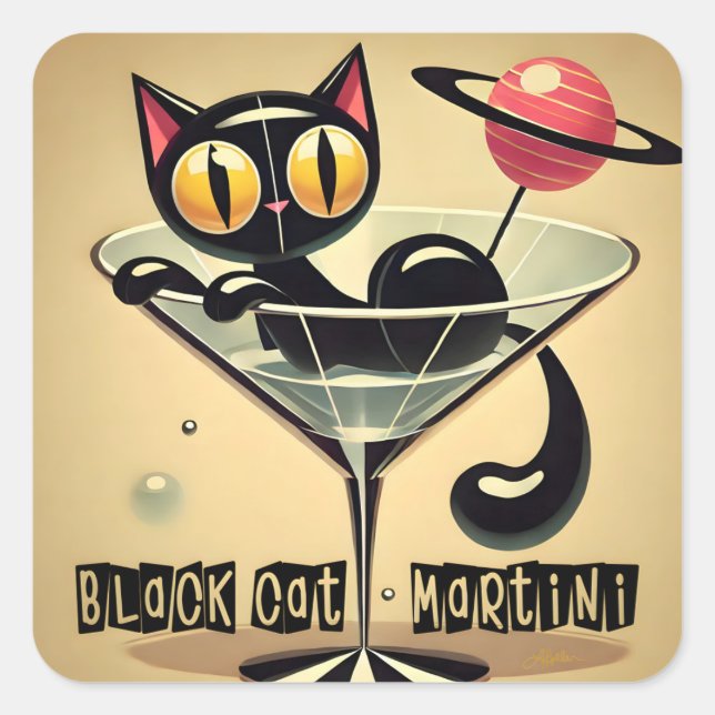Atomfuturistic Space Age Black Cat Martini Quadratischer Aufkleber (Vorderseite)