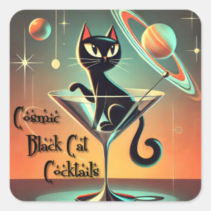 Atomfuturistic Space Age Black Cat Martini Quadratischer Aufkleber