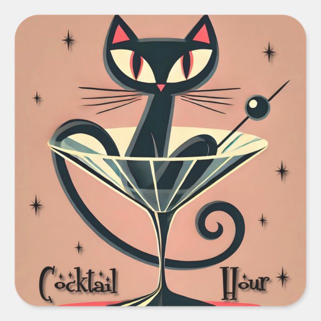 Atomfuturistic Space Age Black Cat Martini Quadratischer Aufkleber (Vorderseite)
