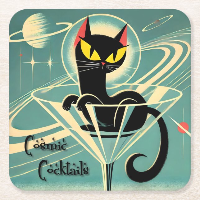 Atomfuturistic Space Age Black Cat Martini Rechteckiger Pappuntersetzer (Vorderseite)