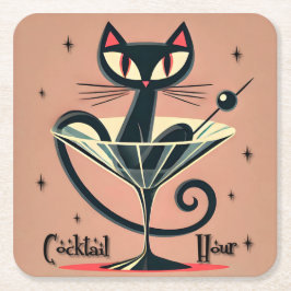 Atomfuturistic Space Age Black Cat Martini Rechteckiger Pappuntersetzer