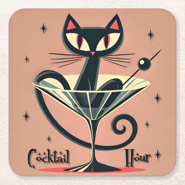 Atomfuturistic Space Age Black Cat Martini Rechteckiger Pappuntersetzer (Vorderseite)