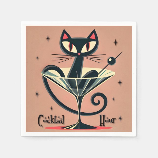 Atomfuturistic Space Age Black Cat Martini Serviette (Vorderseite)