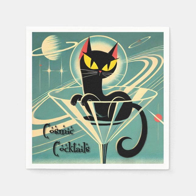 Atomfuturistic Space Age Black Cat Martini Serviette (Vorderseite)