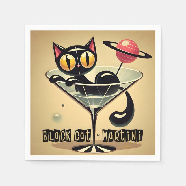 Atomfuturistic Space Age Black Cat Martini Serviette (Vorderseite)