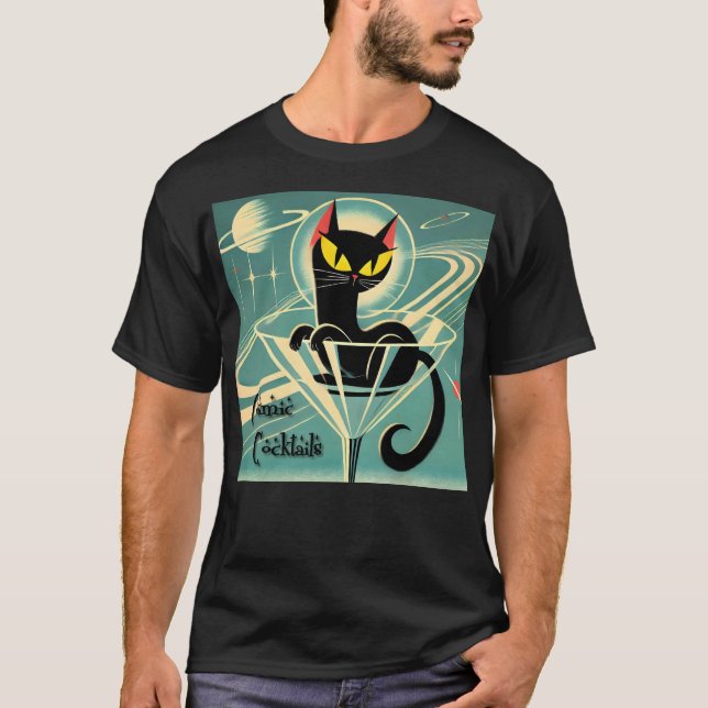 Atomfuturistic Space Age Black Cat Martini T-Shirt (Vorderseite)
