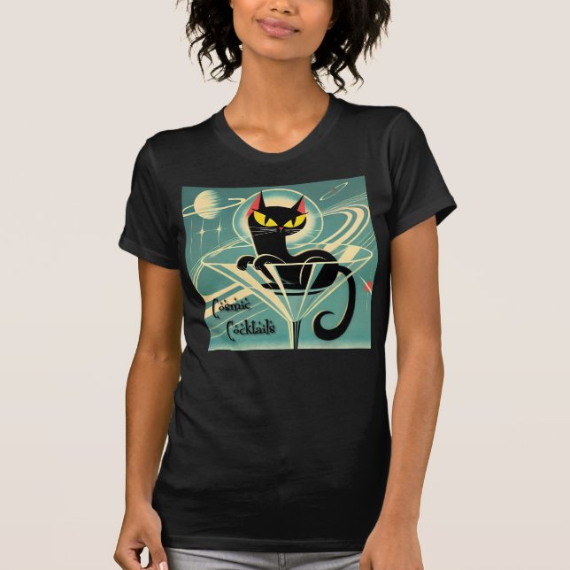 Atomfuturistic Space Age Black Cat Martini T-Shirt (Vorderseite)