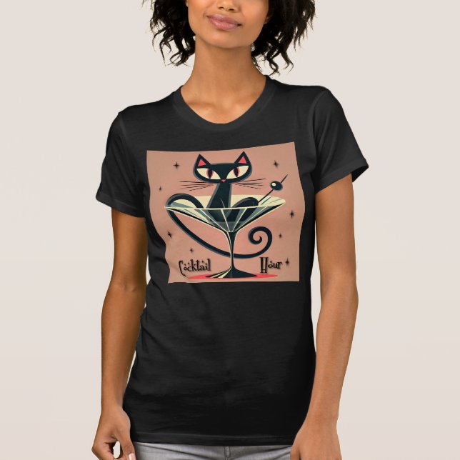 Atomfuturistic Space Age Black Cat Martini T-Shirt (Vorderseite)