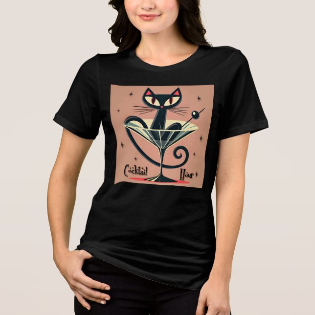 Atomfuturistic Space Age Black Cat Martini Tri-Blend Shirt (Vorderseite)