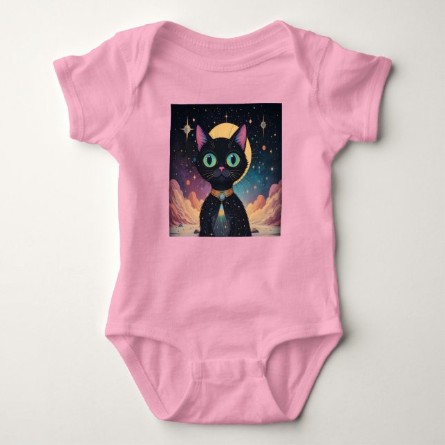 Atomfuturistische, kosmische schwarze Katze im Mon Baby Strampler (Vorderseite)