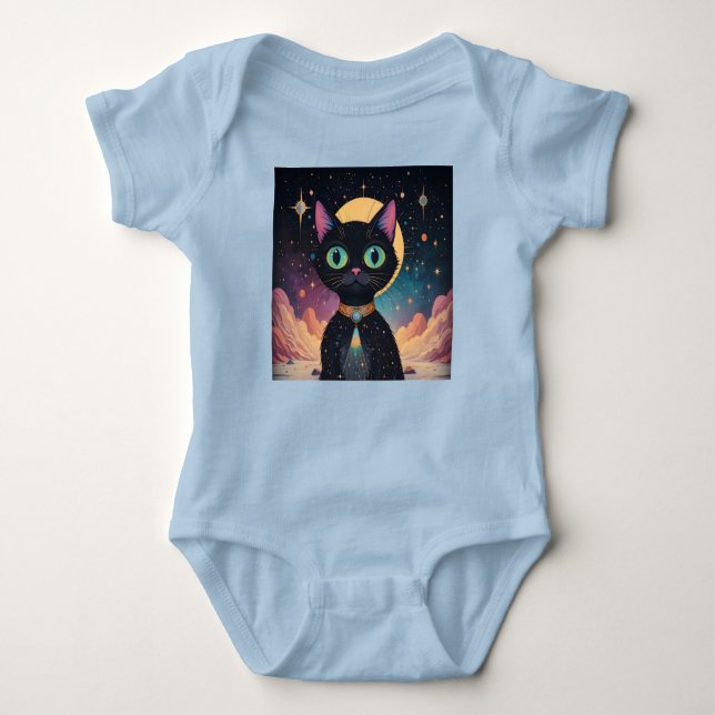 Atomfuturistische, kosmische schwarze Katze im Mon Baby Strampler (Vorderseite)