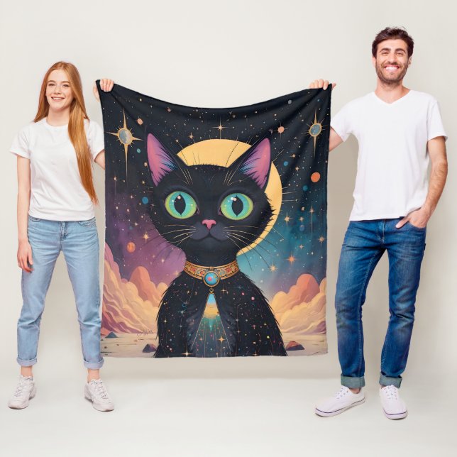 Atomfuturistische, kosmische schwarze Katze im Mon Fleecedecke (Beispiel)