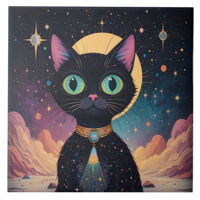 Atomfuturistische, kosmische schwarze Katze im Mon Fliese (Vorderseite)