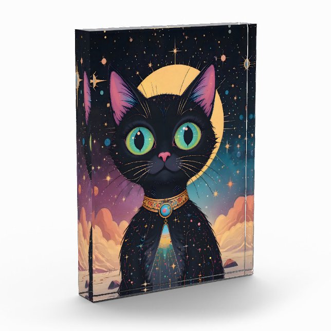 Atomfuturistische, kosmische schwarze Katze im Mon Fotoblock (Links)