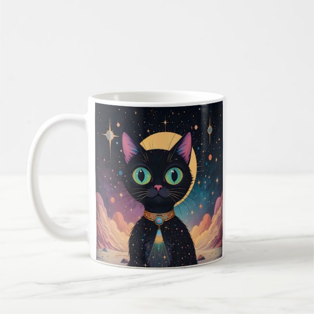 Atomfuturistische, kosmische schwarze Katze im Mon Kaffeetasse (Links)