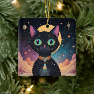 Atomfuturistische, kosmische schwarze Katze im Mon Keramikornament