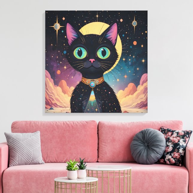 Atomfuturistische, kosmische schwarze Katze im Mon Leinwanddruck (Insitu (Wohnzimmer))
