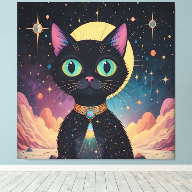 Atomfuturistische, kosmische schwarze Katze im Mon Leinwanddruck (Insitu (Holzboden))