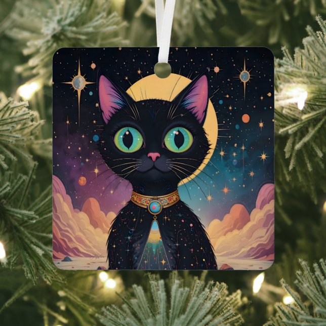 Atomfuturistische, kosmische schwarze Katze im Mon Ornament Aus Metall (InSitu)