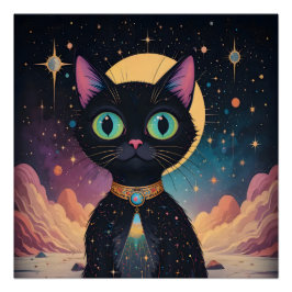Atomfuturistische, kosmische schwarze Katze im Mon Poster
