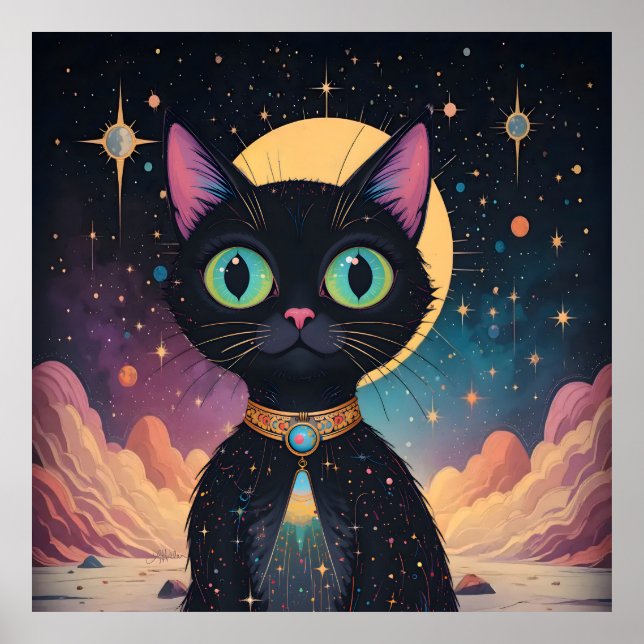 Atomfuturistische, kosmische schwarze Katze im Mon Poster (Vorne)