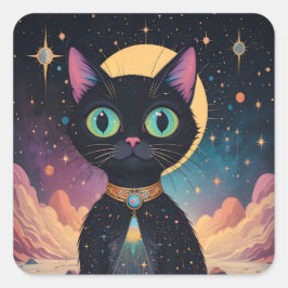 Atomfuturistische, kosmische schwarze Katze im Mon Quadratischer Aufkleber