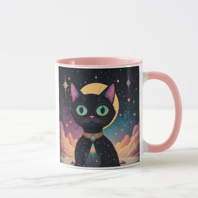 Atomfuturistische, kosmische schwarze Katze im Mon Tasse (Rechts)