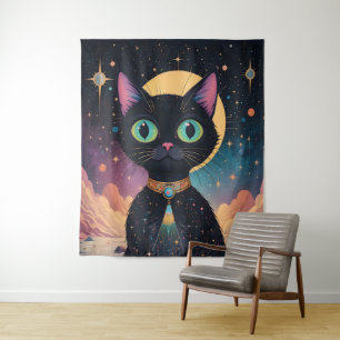 Atomfuturistische, kosmische schwarze Katze im Mon Wandteppich