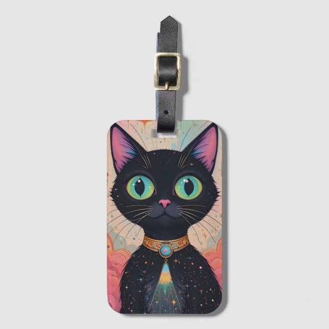 Atomfuturistisches Kosmisches Schwarzes Katzenuniv Gepäckanhänger (Vorderseite Vertikal)