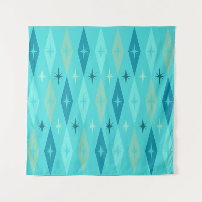 Atomic 1950er Jahre Diamonds Stars Türkis Wandteppich (Vorderseite)