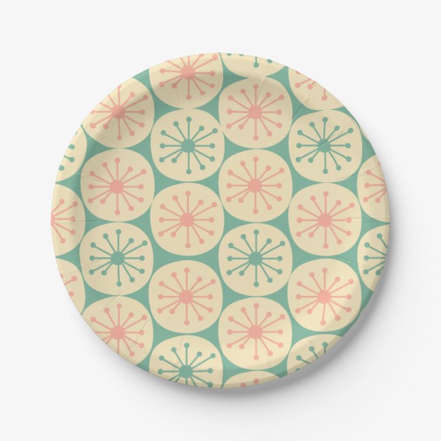 Atomic Age Retro-Punkte-Muster Teal Blush Cream Pappteller (Vorderseite)