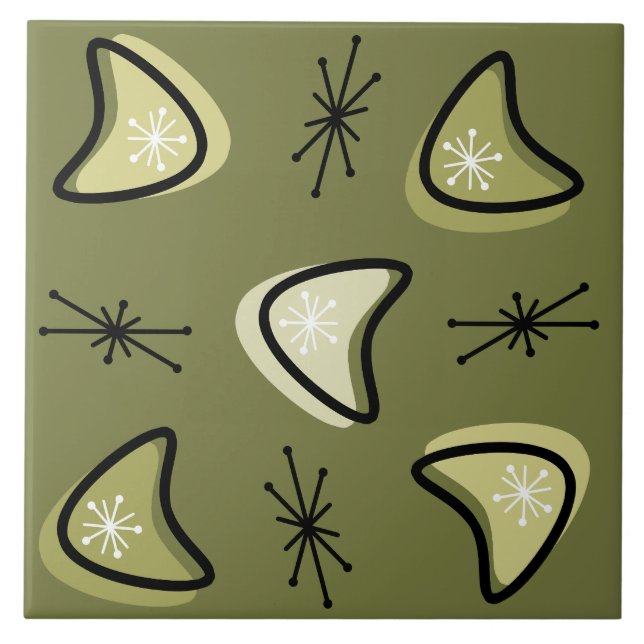 Atomic Boomerangs Sternexplosionen Olive Green Fliese (Vorderseite)