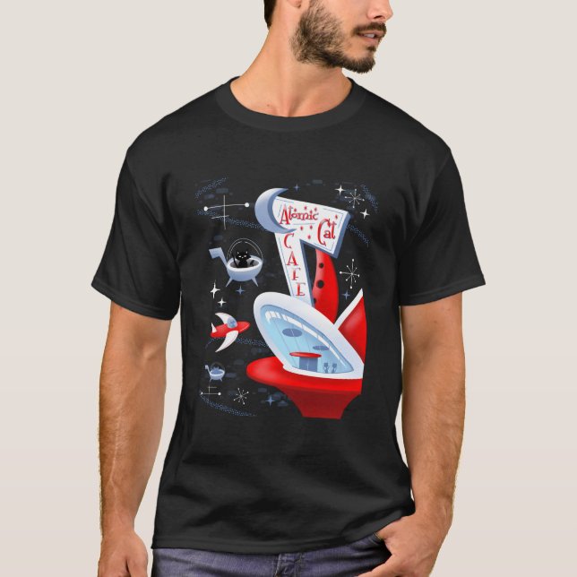 Atomic Cat Cafe Futuristic Spaceport Mitte Jahrhun T-Shirt (Vorderseite)