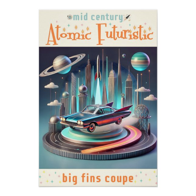 Atomic Futuristic Big Fins Coupe Car Poster (Vorderseite)