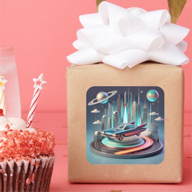 Atomic Futuristic Big Fins Coupe Car Quadratischer Aufkleber (Party)