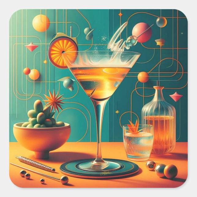 Atomic Futuristic Cosmic Storm Martini Quadratischer Aufkleber (Vorderseite)