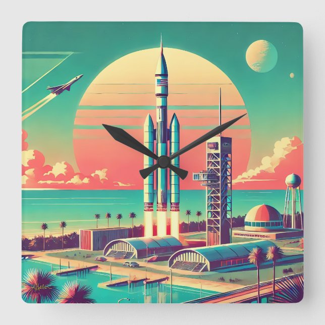 Atomic Futuristic New Florida Launch Site Quadratische Wanduhr (Vorderseite)