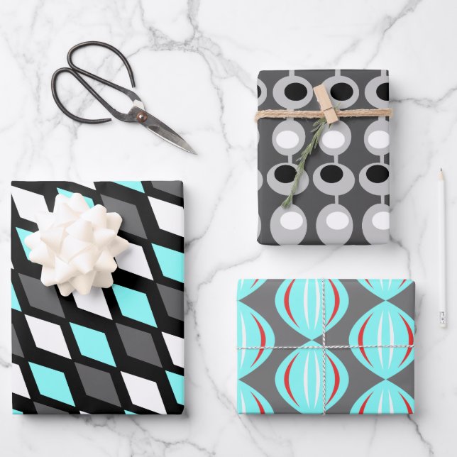 Atomic Gray Trio aus der Mitte des Jahrhunderts Geschenkpapier Set (Vorderseite)