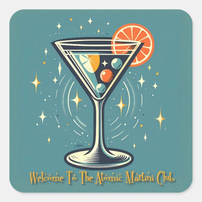 Atomic Martini Club Retro Futuristic Cocktail Quadratischer Aufkleber (Vorderseite)