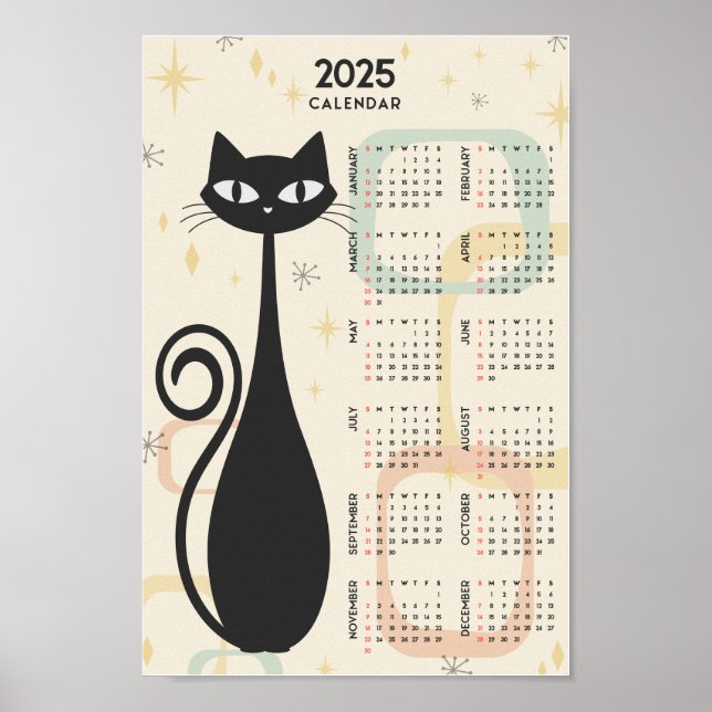 Atomic Retro Black Cat Mid Century 2025 Kalender Poster (Vorne)