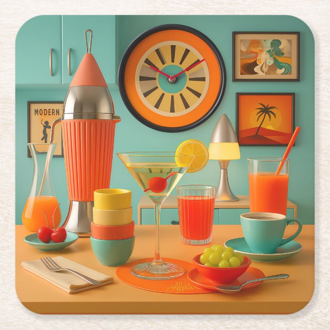 Atomic Retro Futuristic Martini Breakfast Bar Rechteckiger Pappuntersetzer (Vorderseite)